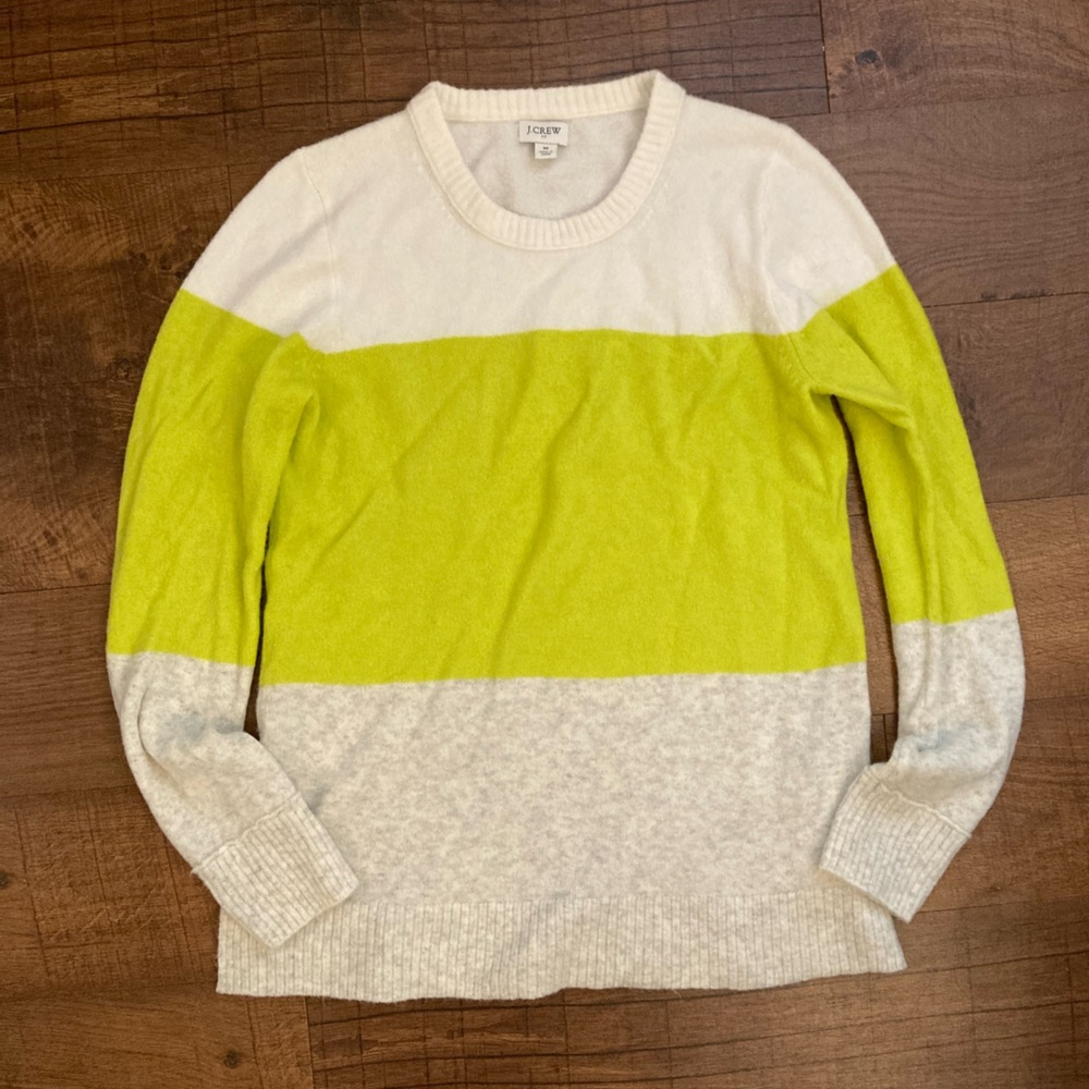 J. Crew Cream Lime Gray Colorblock Crewneck Sweater Wool Blend EUC Women’s M